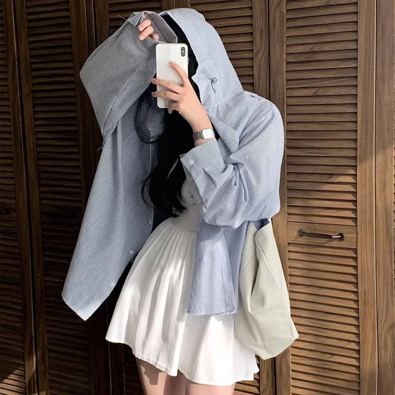 Spring Autumn Hooded Fashion Long Sleeve Shirt Women High Street Elegant Striped Button Patchwork Cardigan Casual Loose Tops