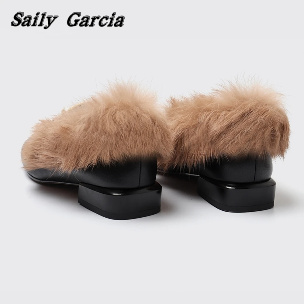 Genuine Leather Metal Buckle Pearl Short Plush Slippers Winter New Love Embroidery Casual Sides Round Toe Low Heel Women Shoes