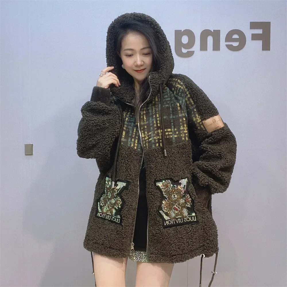 Fashion Autumn Winter Lambswool Coat for Women Loose Hooded Overcoat Streetwear Mid-long Cartoon Hot Drilling Thicken Jackets