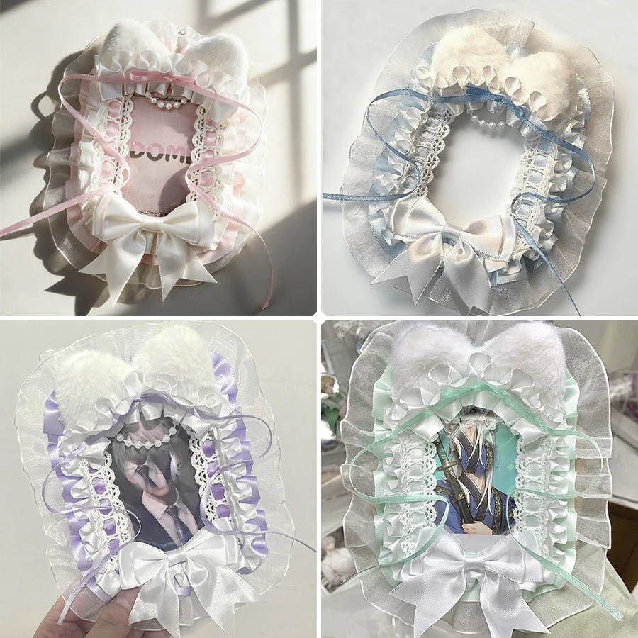 Porta-cartões PVC artesanal com orelhas felpudas de gato cordão para pendurar renda laço cetim babado várias cores capa protetora 3 polegadas KPOP polaroid fotos anime estilo Lolita acessório portátil decoração fã