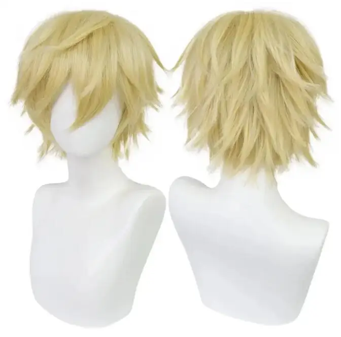 Sintetis Universal Wig Cosplay pendek perak merah muda pirang rumput hijau hitam lurus Wig pria untuk Halloween Cosplay