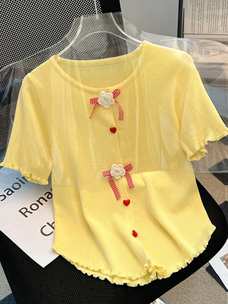 

Вязаная футболка Sweet Knot ort Sve Женская летняя облегающая футболка ort Length Ear Look Top Корейский Sle Commute Faion