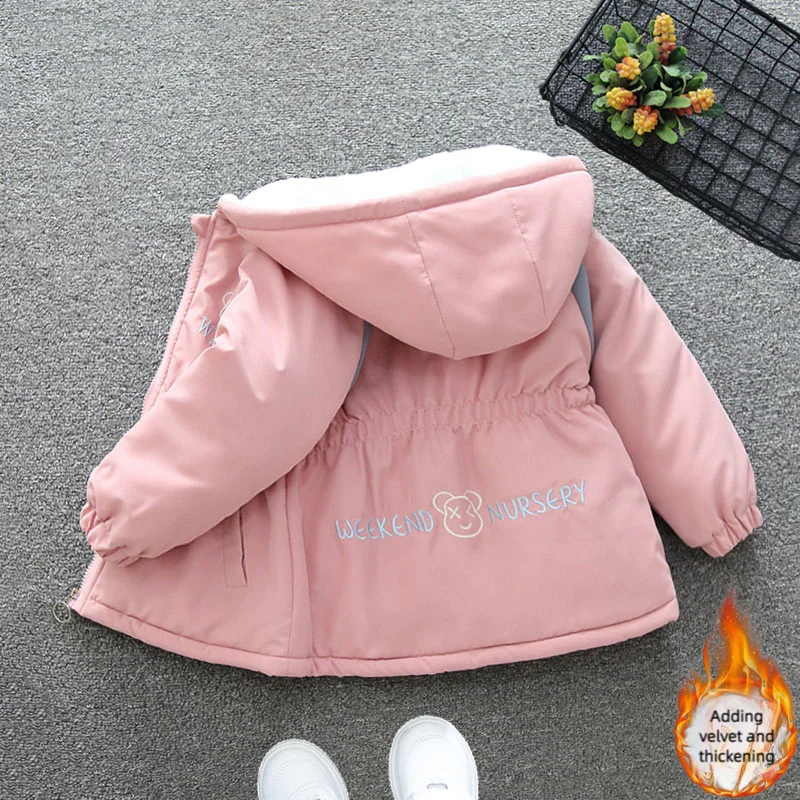 

2024 Winter Girls' Casual Letter Hoodie Zipper Solid Color Pocket Coat Children's Coat Thickened 1-5 Years Old