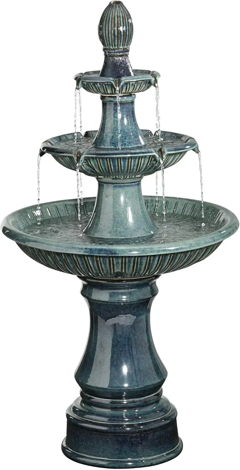 Modern Outdoor Cascading Floor Water Fountain with LED Light 3-Tier Teal Blue Ceramic 46