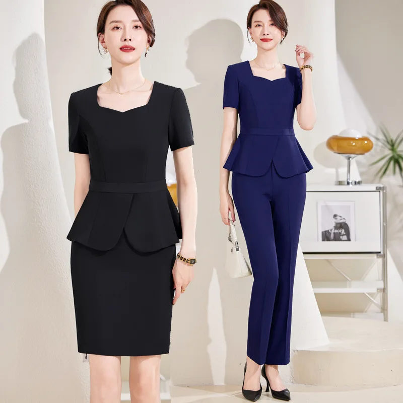 

Front Desk Business Suit Women's Summer Workwear Fashion Dignified Goddess Fan High-End Suit Beautician Short Sleeve Overalls