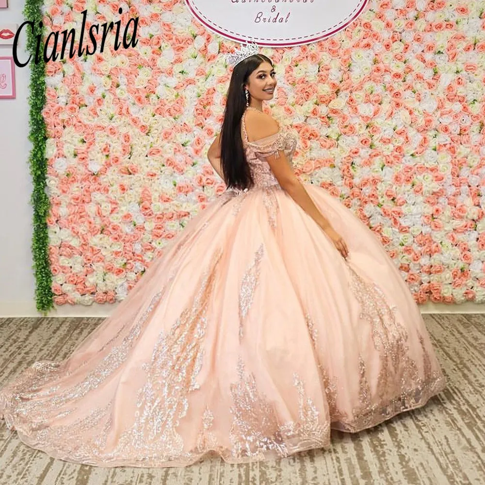 สีชมพูยาวเซ็กซี่ V คอบอลชุดเจ้าหญิงสาวหวาน15 Quinceanera เดรสความยาวชั้นความงามปรับแต่งปาร์ตี้พรหมชุด