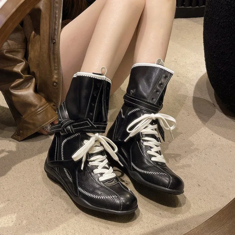 2.5CM 2025 Latest Retro Knight Short Boots Women Spring and Autumn Lace-up Western Boots Niche Platform Color Matching Boots