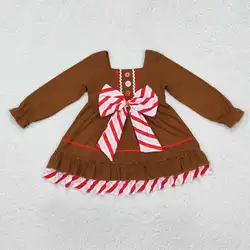 Kids Girls Long Sleeve Brown Dress With Bow Toddler Boutique Clothes Cotton Children Christmas Clothing