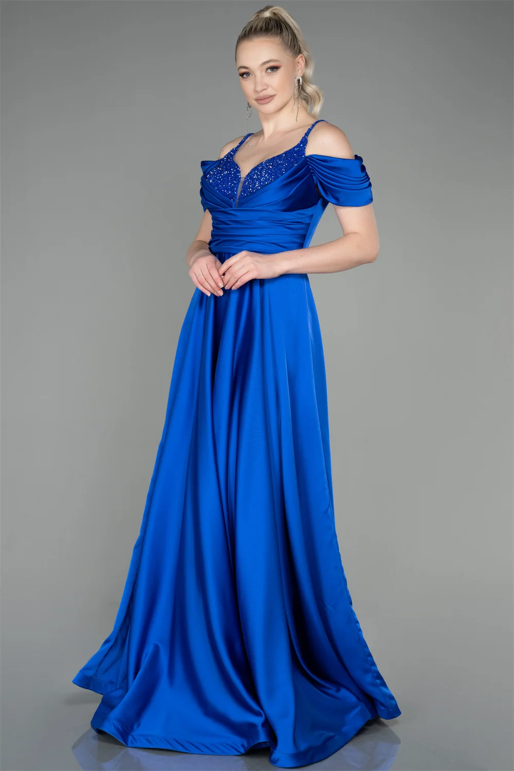 Royal Blue Satin Pleated Evening Sequins Lace Italian Straps Beaded Women's 2023 Elegant Formal Occasion Dresses Party Dresses