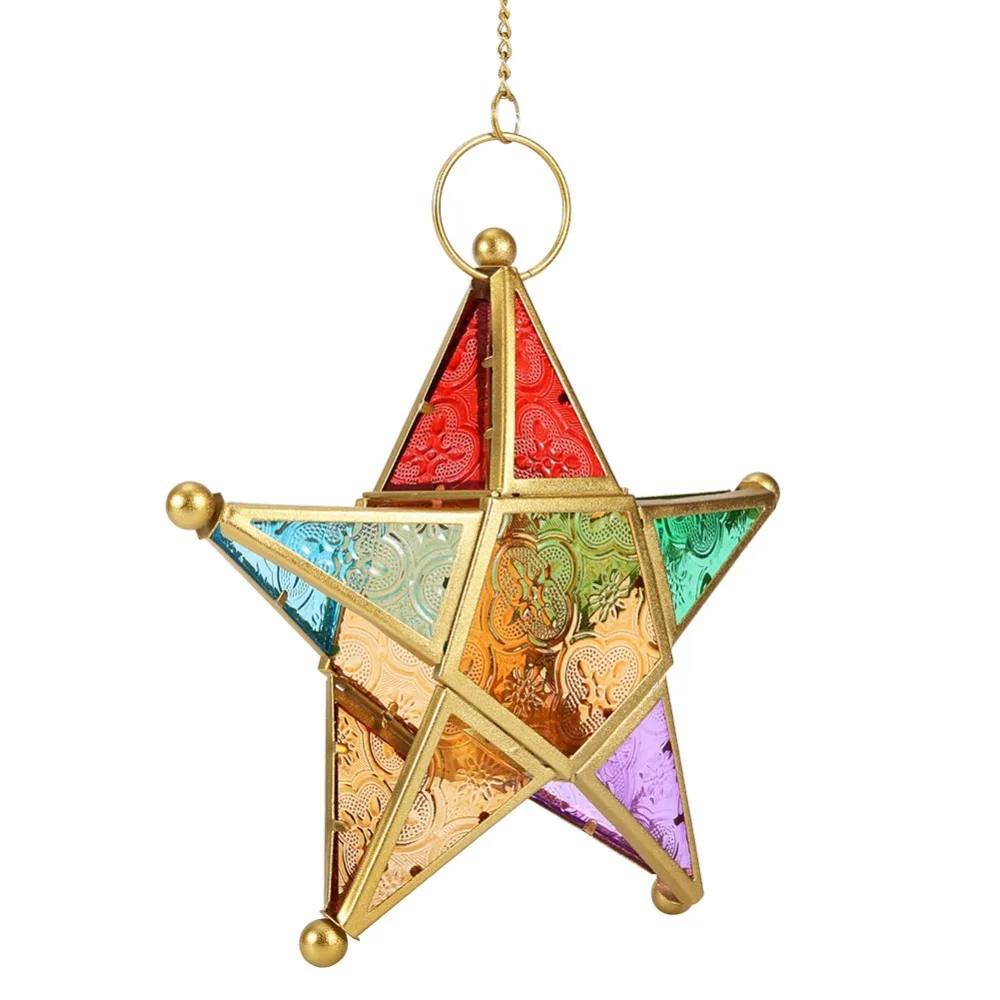 Iron Moroccan Five-pointed Star Lantern Star Hanging Wrought Iron Candle Holder Colored Glass Tealight Holder Patio Decoration