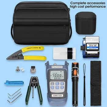 FTTH Fiber Optic Tool Kit with Fiber Cleaver, Optical Power Meter, Visual Fault Locator, -70~+10dBm, 10MW, 19pcs Set DIY