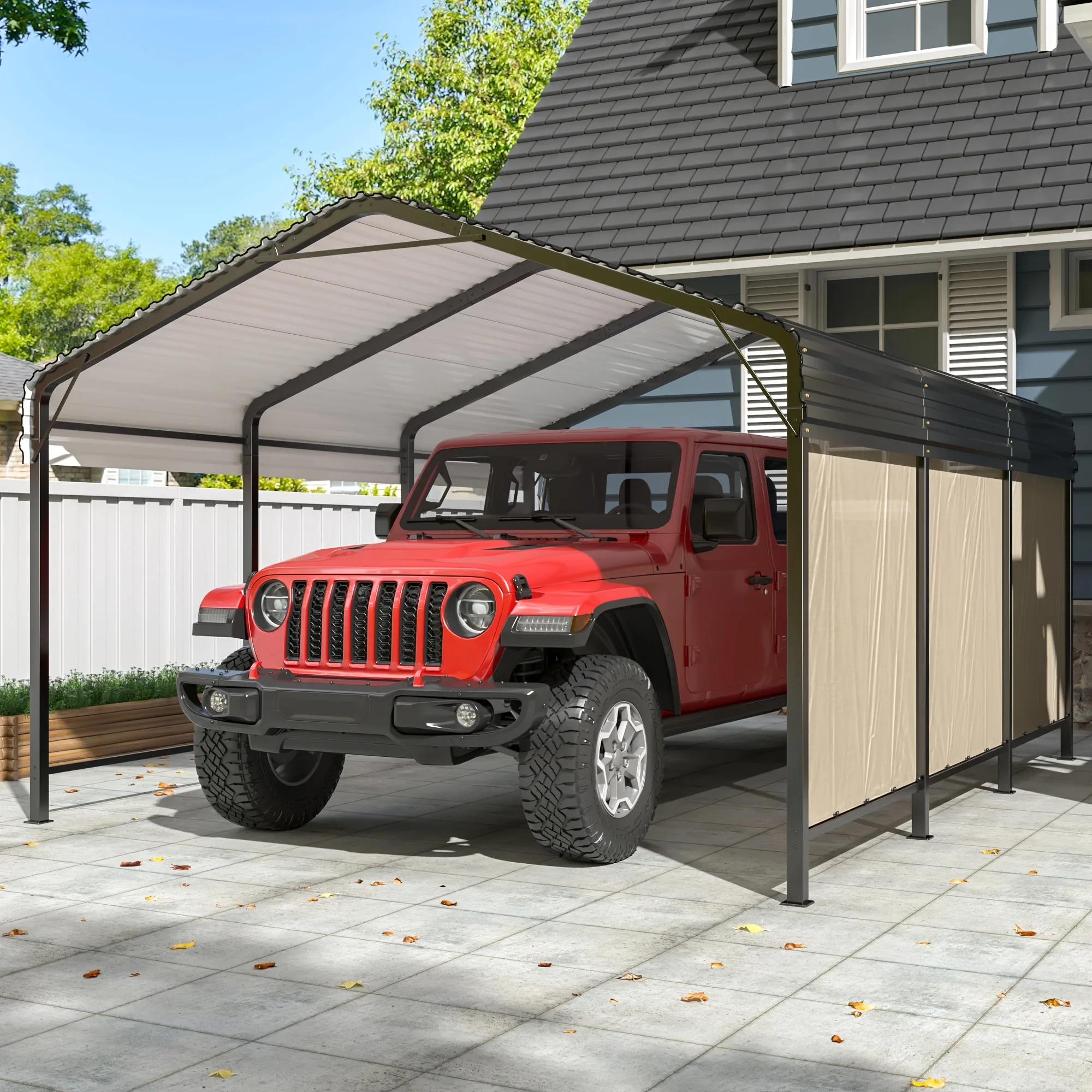 

Polar Aurora 10x15FT Metal Carport Heavy Duty Garage Galvanized Car Shelter w/ Enhanced Base single side cloth For Pickup Boat