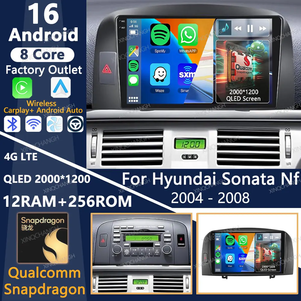 Radio para Auto Android 16 para Hyundai SONATA NF 2004 2005 2006 2007 2008, Unidad Principal QLED 2DIN, Reproductor Multimedia de Video, GPS, Qualcomm, Bluetooth