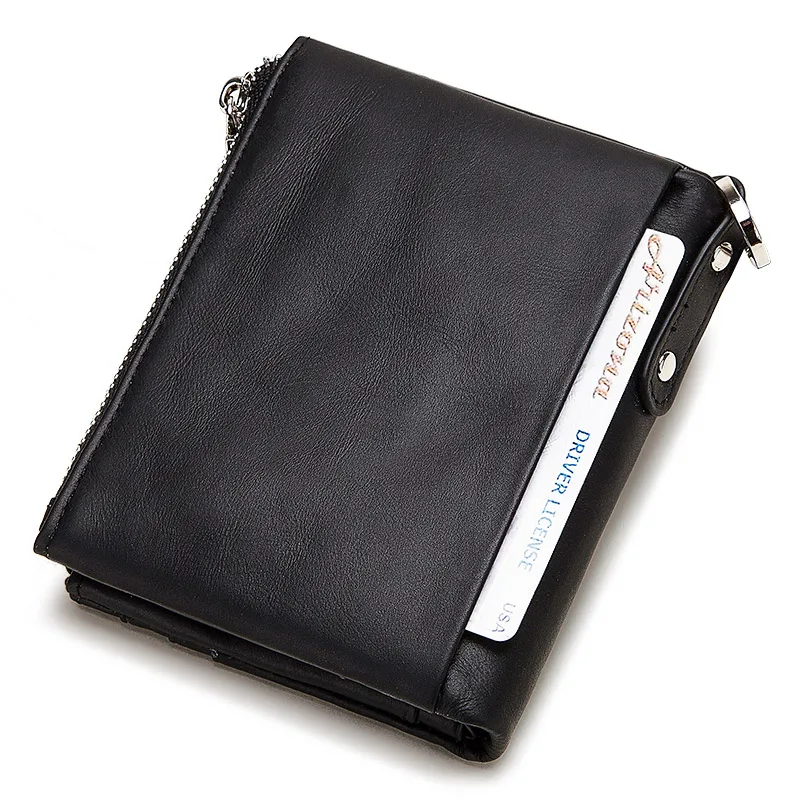 Men's double-folding coin purse, solid color, multi-card slot, card holder, chain, easy-to-carry coin bag, buckle, zipper bag