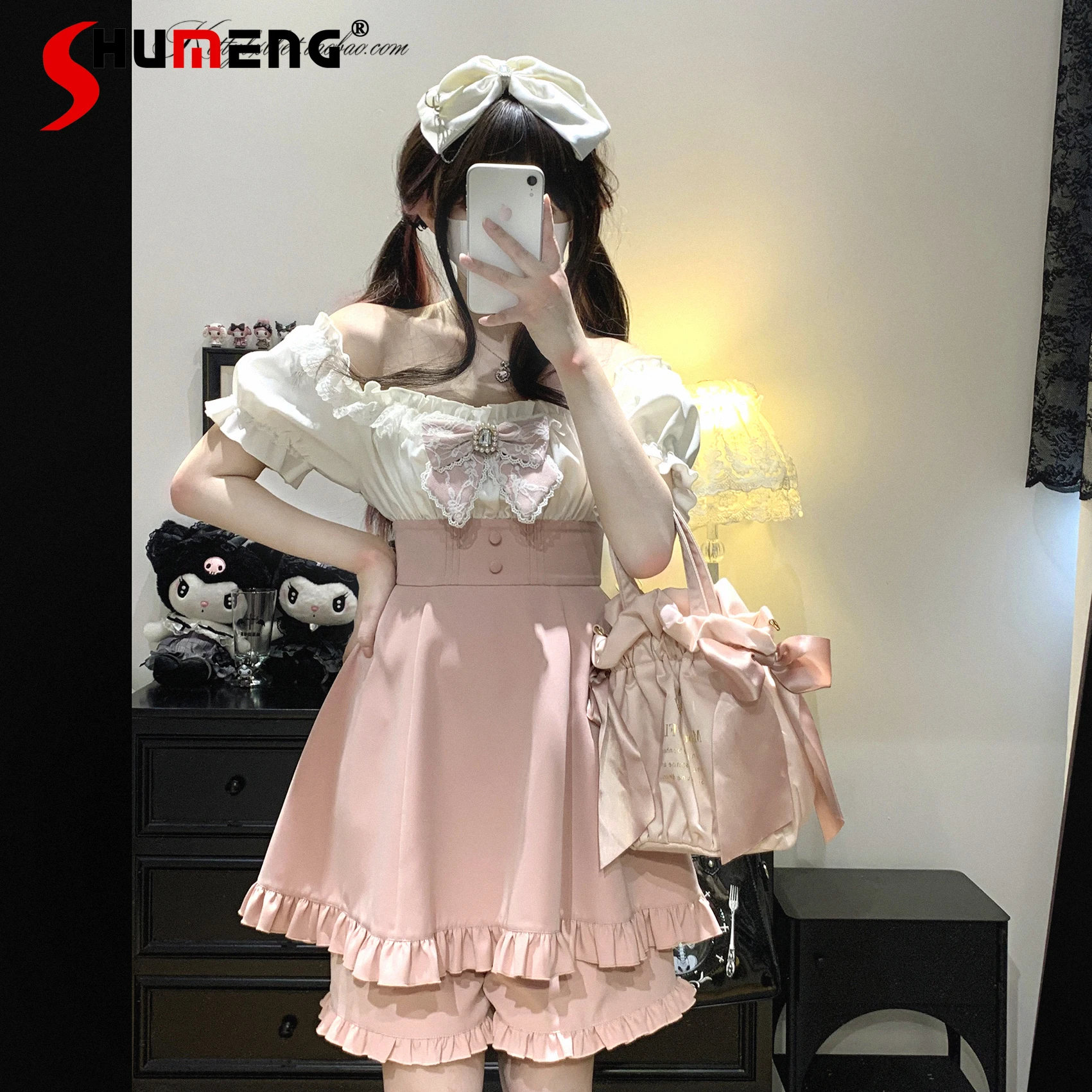

Japanese Mines Style Off-shoulder Puff Sleeves Bow Lace Short Dress Elastic High-waist Shorts Sweet Lolita Two-piece Sets Women