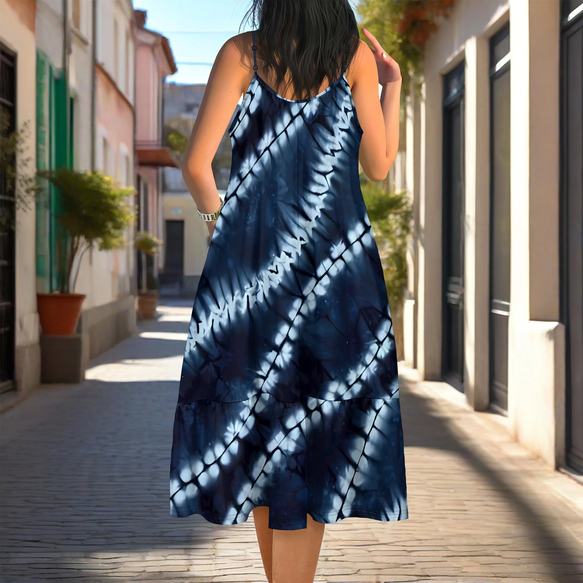 Vestido Nupusa Tie Dye Print para mulheres verão casual alça espaguete vestido midi em camadas