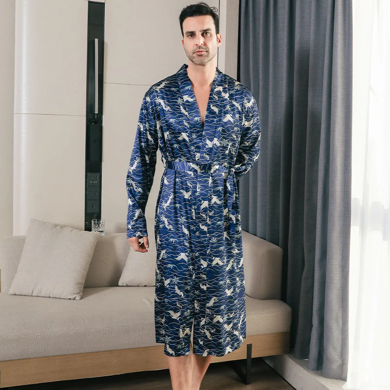 Pajama men\'s spring and autumn silk thin style oversized pajamas long sleeved bathrobes ice silk bathrobes home clothing summer