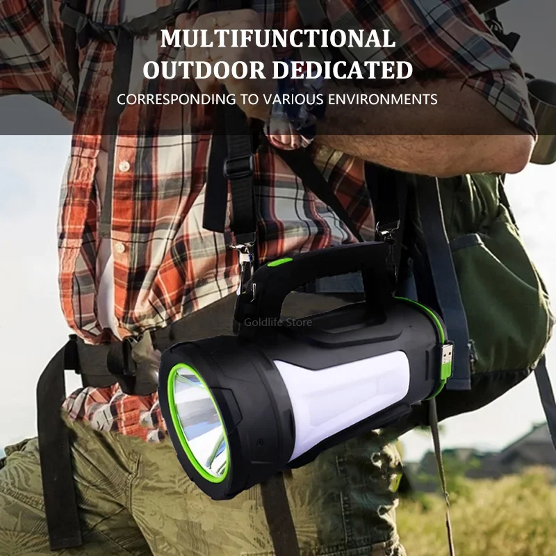 Powerful Rechargeable Searchlight LED Flashlight IPX6 Waterproof With Tail Light Bright Handle Spotlight For Camping Searching