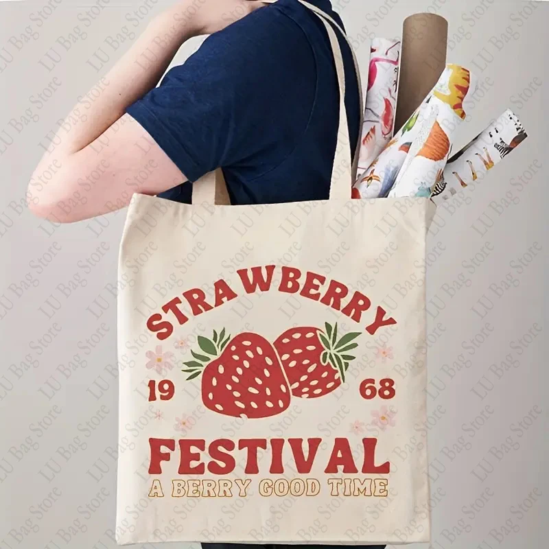 Cute Strawberry Pattern Tote Bag A Berry Good Time Casual Canvas Shopping Bags Reusable Grocery Shoulder Bag for Girls