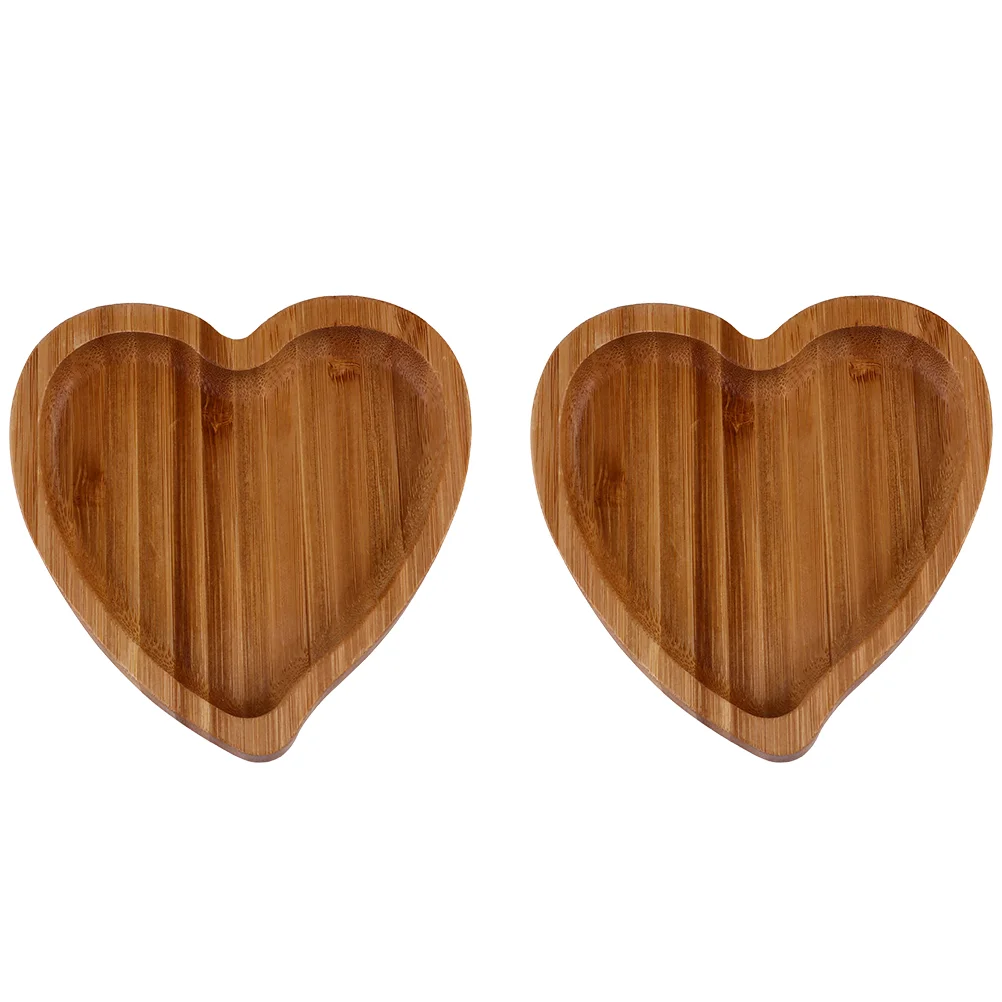 

2 Pcs Love Bamboo Tray Heart Shaped Plates Reusable Snack Dish Holder Jewelry Cake Platters Ring Wooden Pallets Display