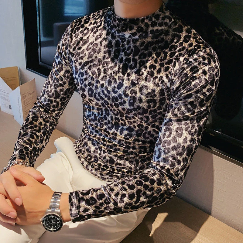 Neck High T Shirt Top Quality Men T Shirt Fashion 2022 Winter Slim Fit Casual T-Shirts Mens Long Sleeve Leopard Print Tops&Tees