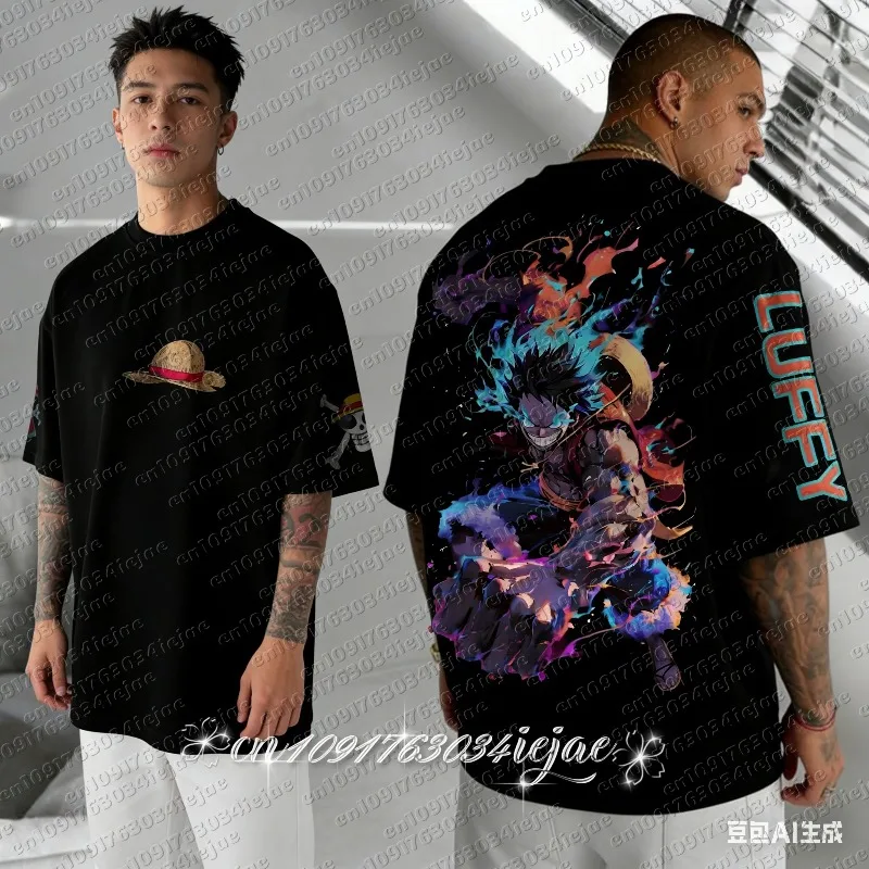 One Piece Luffy Printed Cotton Short-sleeved American Loose Men's and Women's Summer Breathable Sports Round-neck T-shirt