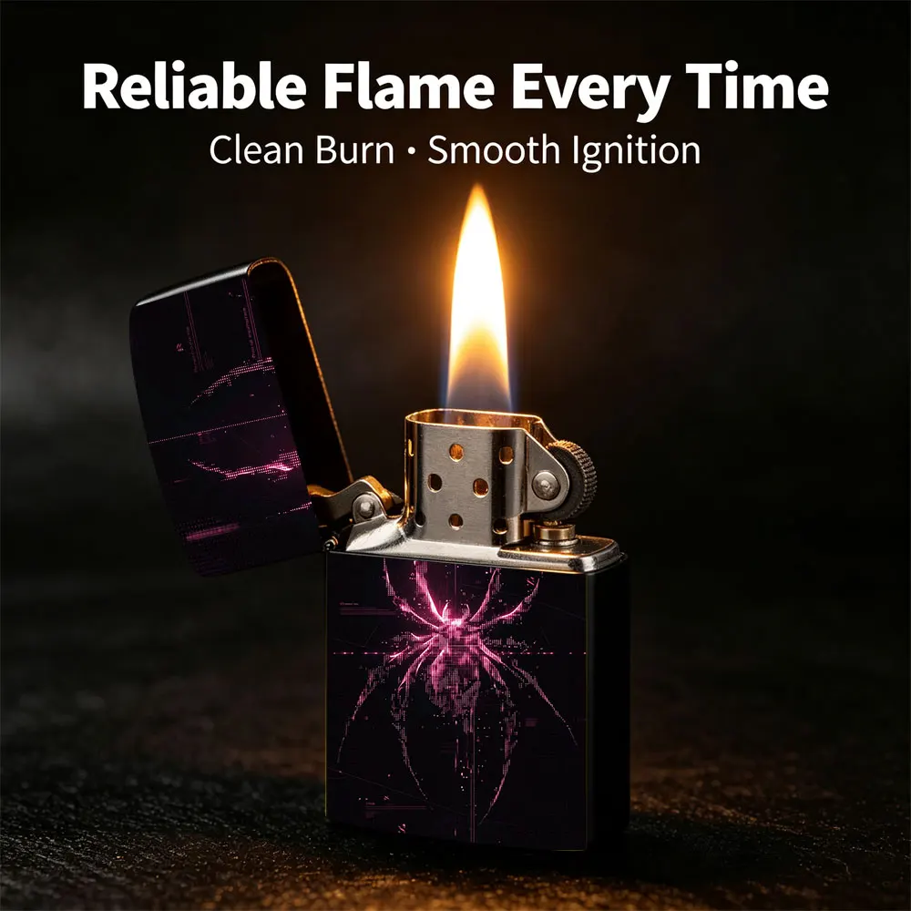 Pocket Lighter, Flip-Top Windproof Design, Metal Case with Spider Print, Dark Background, Red Accent, Ergonomic Grip, Portable Fire Starter for Everyday Carry