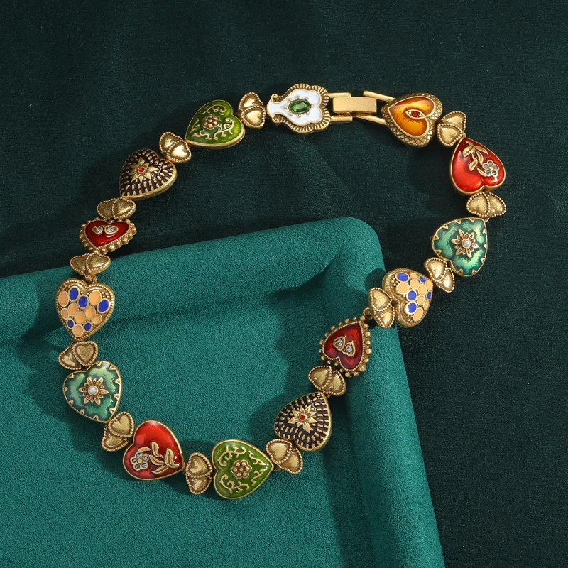 Vintage Enamel Colorful Heart Necklace for Woman 2026 Gold Plated Jewelry 18k Retro Brand Party Accessories Wedding High Quality