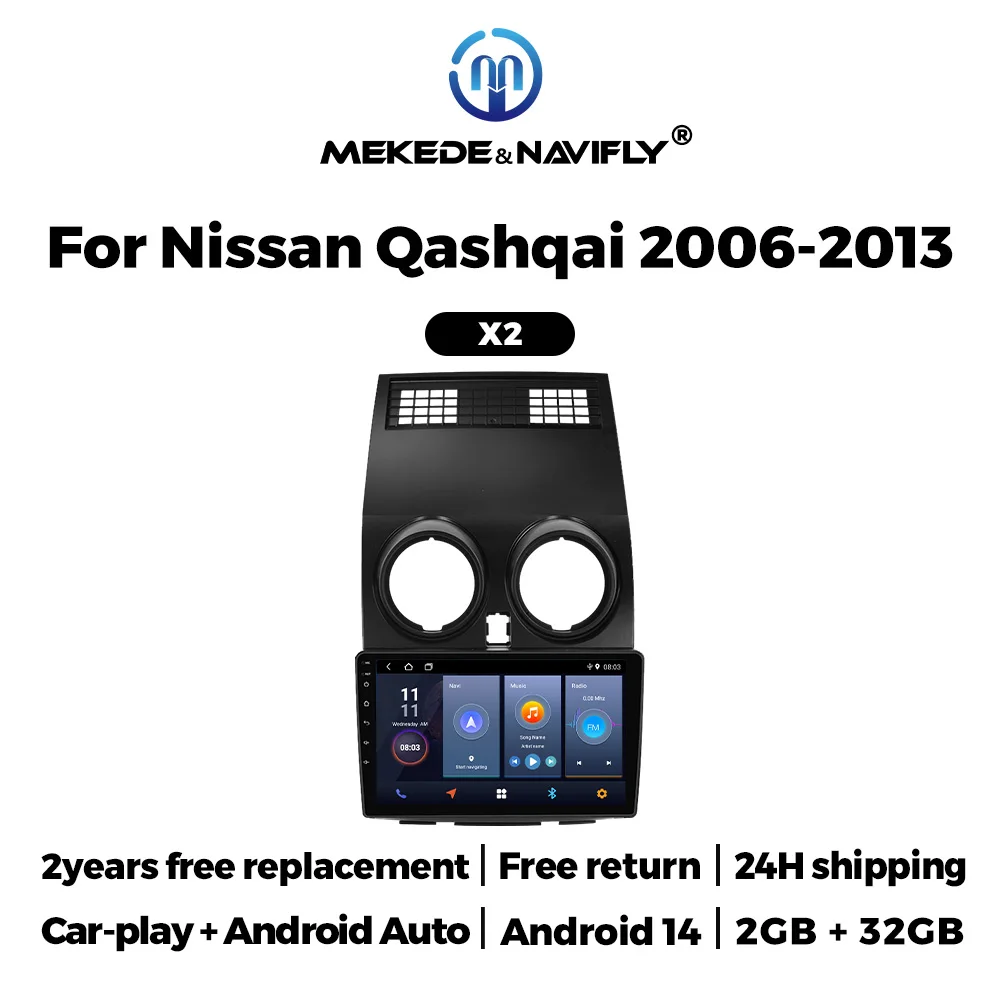 For Nissan Qashqai J10 2006 2007 2008 2009 - 2013 Car Radio Wireless Carplay Android Auto OS 14 2 Din GPS Navigaton Audio Stereo