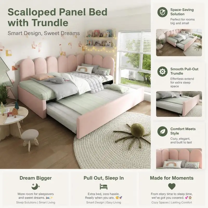Lit gigogne double 97 x 203 x 76 cm, revêtement velours rose, structure robuste en métal et contreplaqué, sans sommier nécessaire, montage pratique, charge maximale 272 kg, compatible matelas 15 cm pour