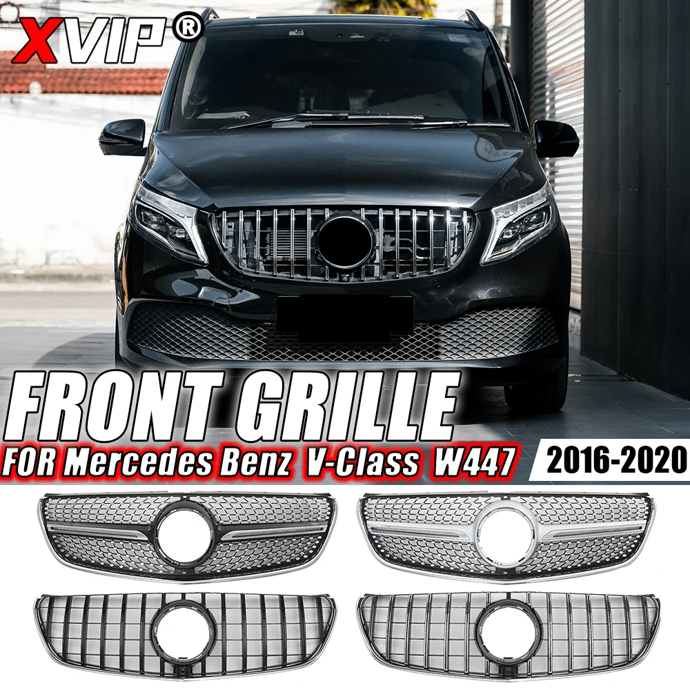 XVIP Chrome Silver Diamonds Style Front Racing Grille For Mercedes Benz V-Class W447 V250 V260 2016-2020 GTR Style Bumper Grille