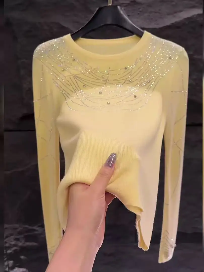 Sweater Rajut Mewah Bertabur Kristal Berkilau untuk Wanita, Musim Gugur Musim Dingin, Kerah Bulat, Warna Kuning, Atasan Rajut, Pullover