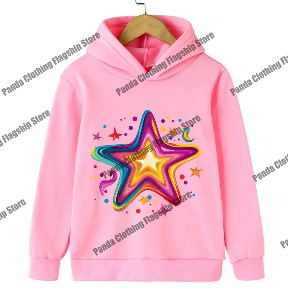 New children's hoodie with star print for boys and girls, pink long sleeved warm hoodie, children's black star hoodie