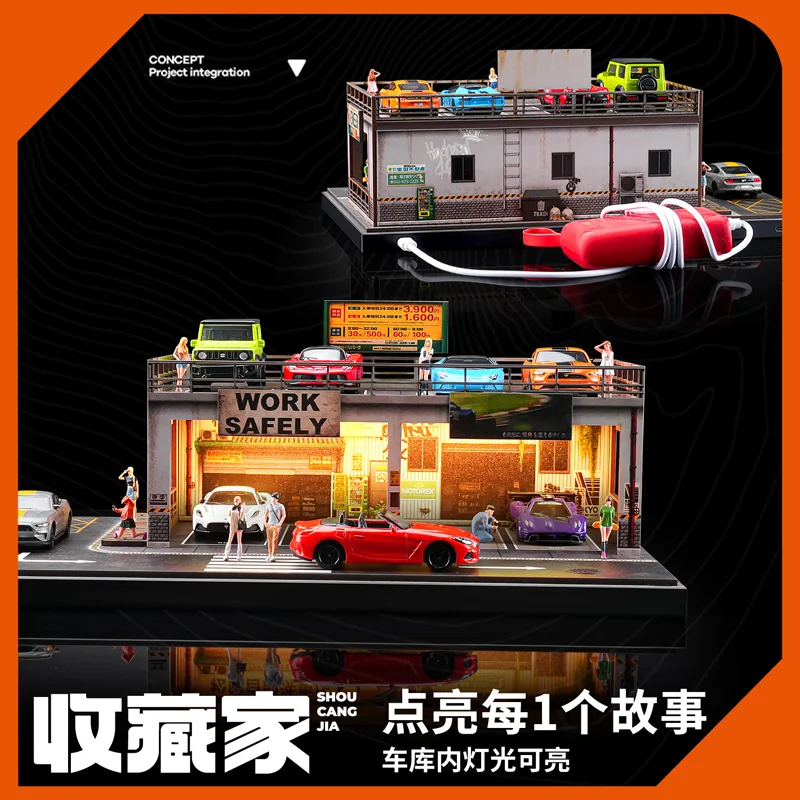 1-64-double-deck-parking-garage-miniature-urban-street-scene-led-light-diecast-car-display-rack-for-adult-collectors