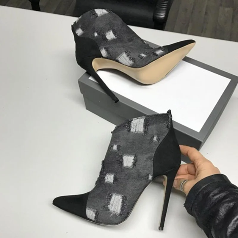 

Dilapidated Cloth Patchwork Ankle Boot Pointed toe Zipper Stiletto Heels Women Short Boots 12CM Spring Autumn Shoes