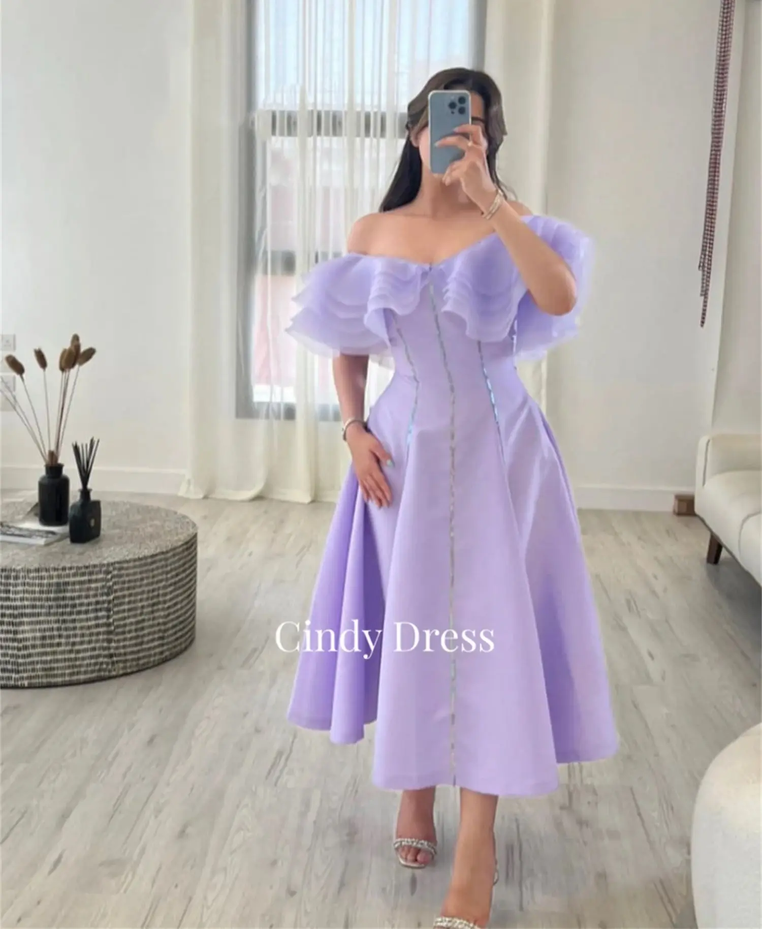 

Cindy Satin Medium Length Eid Al-fitr Evening Dress Purple Line A Cocktail of Dresses Gala Woman Gown Long Weddings Party New