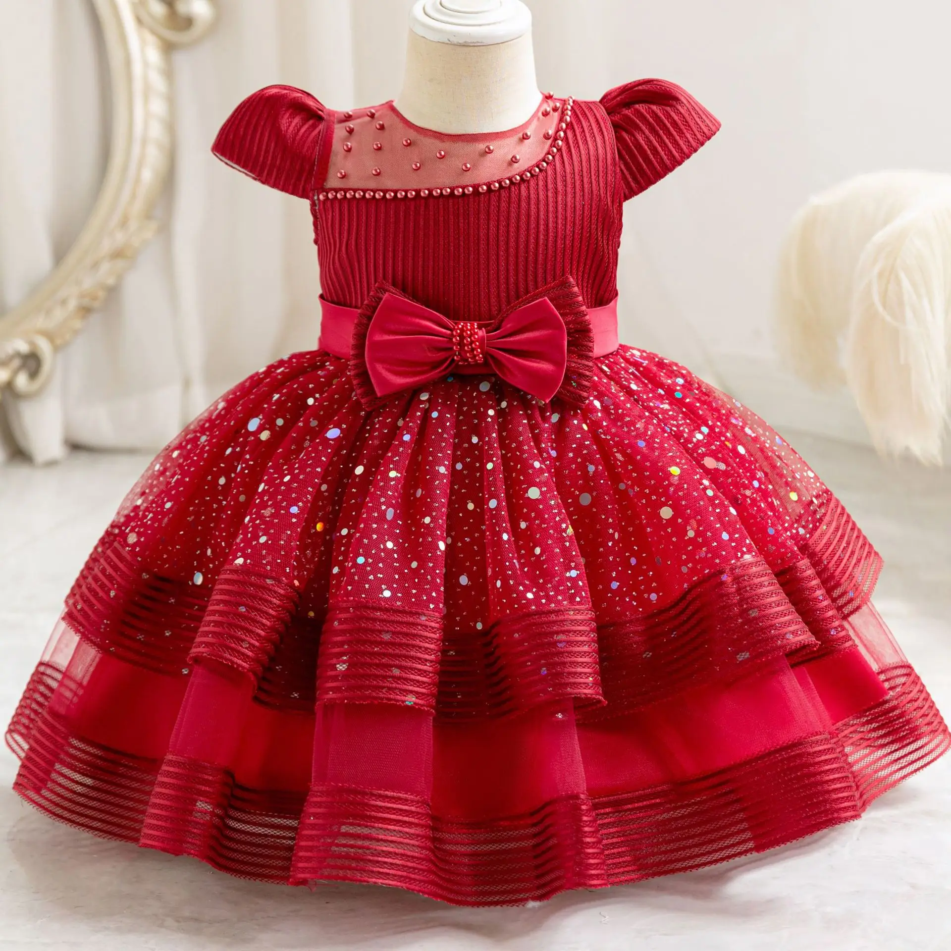 N60 Sweet Memory Flower Girl Dress Baby Dress Little Kids Dresses Christmas Sequins Pom Gown Girl Birthday Party Dresses