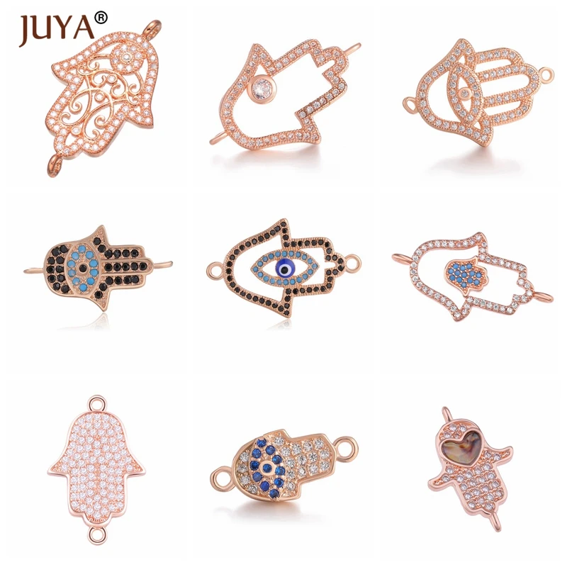 Juya 시리즈 구리 금속 상감 지르콘 Hamsa 손 매력 커넥터 파티마 핸드 쥬얼리 결과 팔찌 만들기 액세서리