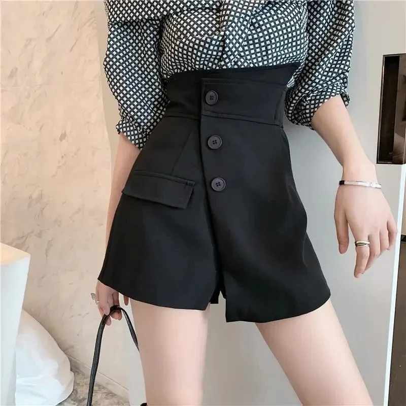 

MEXZT 4Xl Костюмные черные женские шорты с высокой талией, асимметричные широкие короткие брюки, офисные женские элегантные трапециевидные свободные шорты, юбки, Новинка