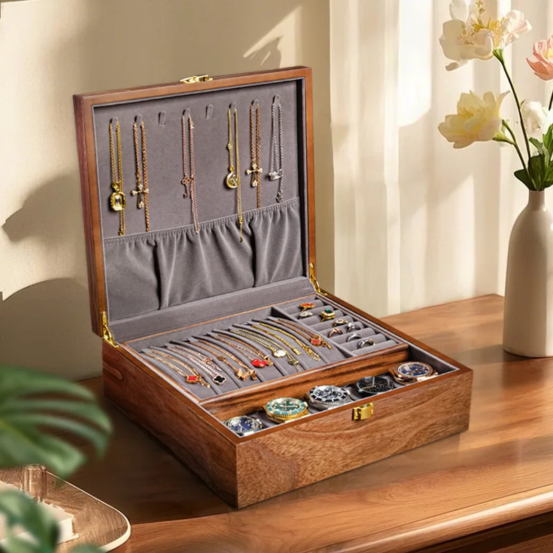 2 Layer Wooden Jewelry Box with for Women Men Vintage Wood Jewelry Organizer Storage for Earrings Watch Mother’s Day Gift