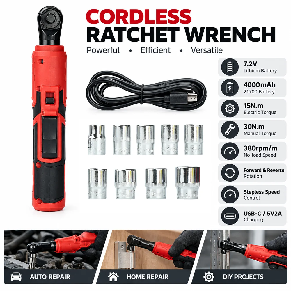7.2V 90° Right Angle Cordless Electric Ratchet Wrench 3/8