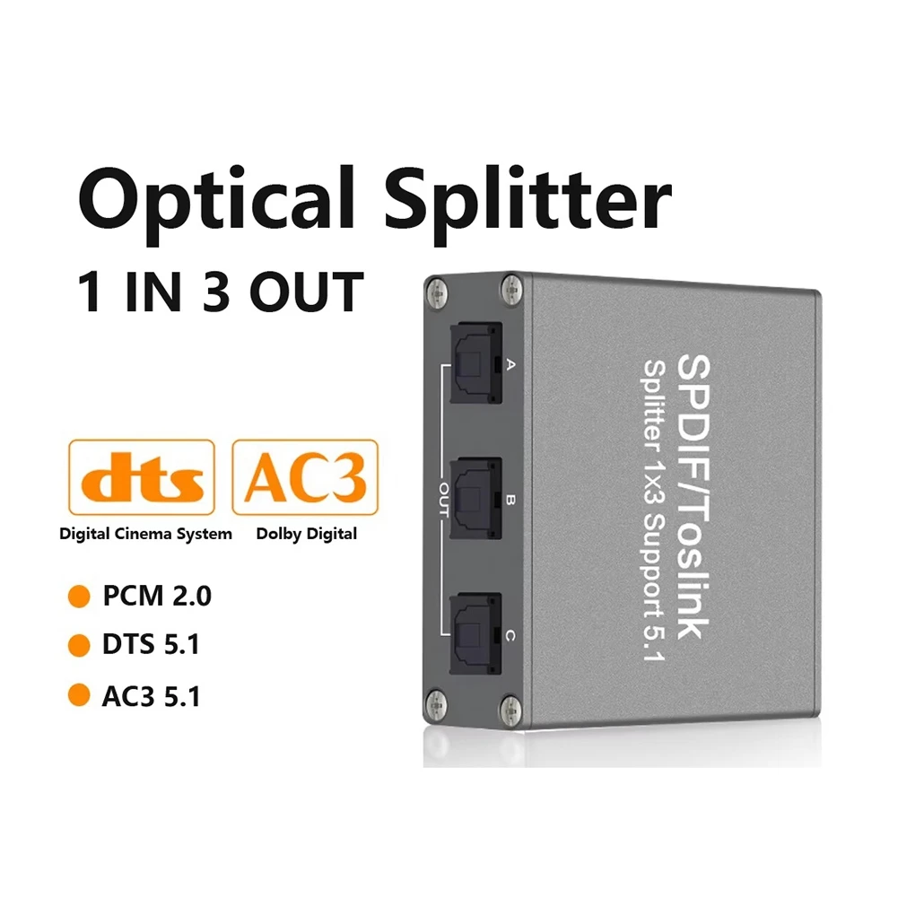 #912T SPDIF Digital Audio Splitter 1x3 Toslink Optical 3 Way Adapter (Gray)
