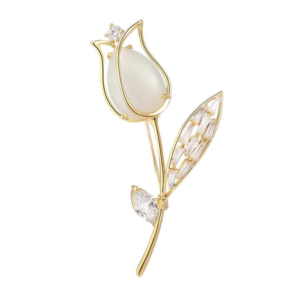 White Cat Eye Stone Tulip Brooch Fashion Elegant Contracted Women's Rhinestone Pin Party Coat Clothing Decoration Jewelry Gift