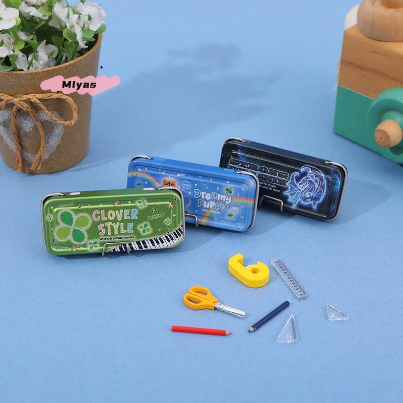 1 set di scatole per matite in miniatura per casa delle bambole, modello di righello di cancelleria, simulazione, studio scolastico, decorazioni, accessori giocattolo per bambini