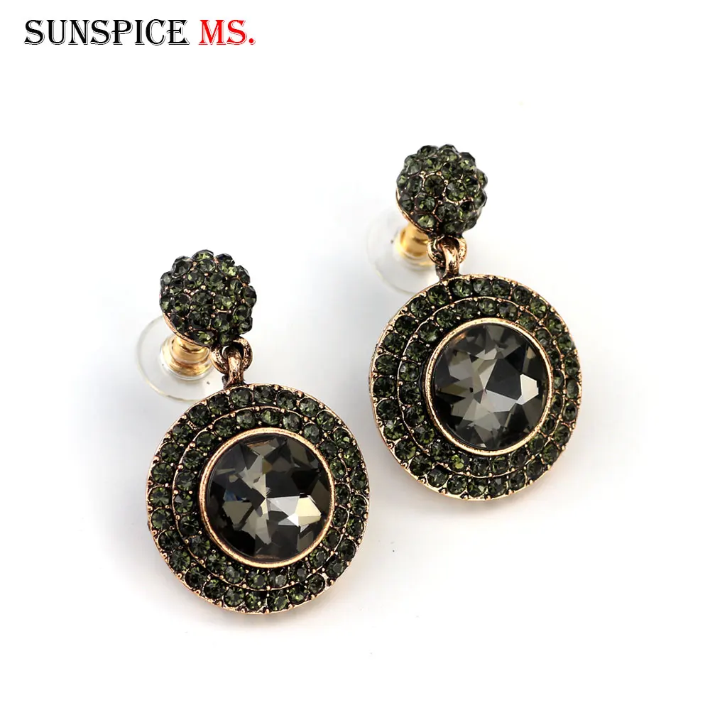 Sunspicems Vintage Turkish Gray Crystal Round Drop Earring for Women Antique Gold Color Rhinestone Wedding Jewelry Bridal Gift