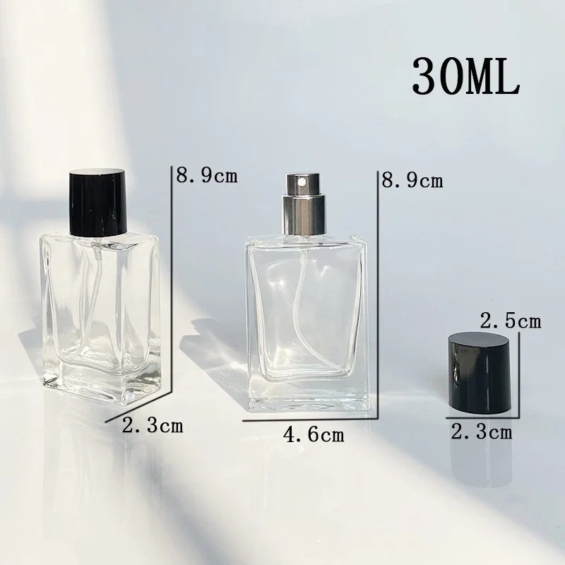 Perfume Bottle Empty Flat Square Clear 30ML 50ML 100ML 5pcs Cosmetic Packaging Black Cover Silver Mist Spray Glass Atomizer