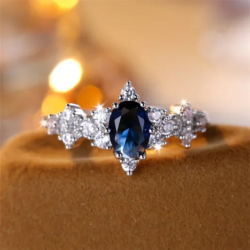 Oval Royal Blue Stone Wedding Bands Silver Color Metal White Zircon Flower Rings For Women Female Daily Party Birthday Jewelry