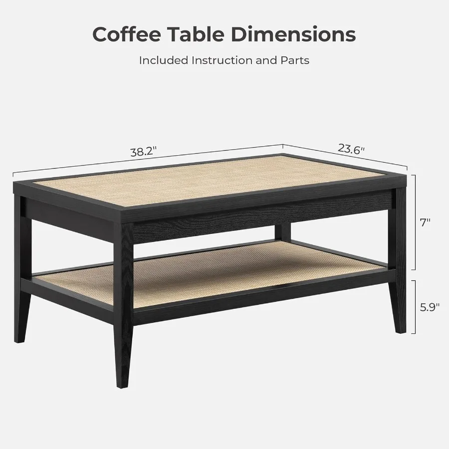 Mesa de centro retangular para sala de estar, fazenda, boho, centro com 2 camadas, prateleiras de armazenamento de rattan, sofá, mesa lateral de destaque para