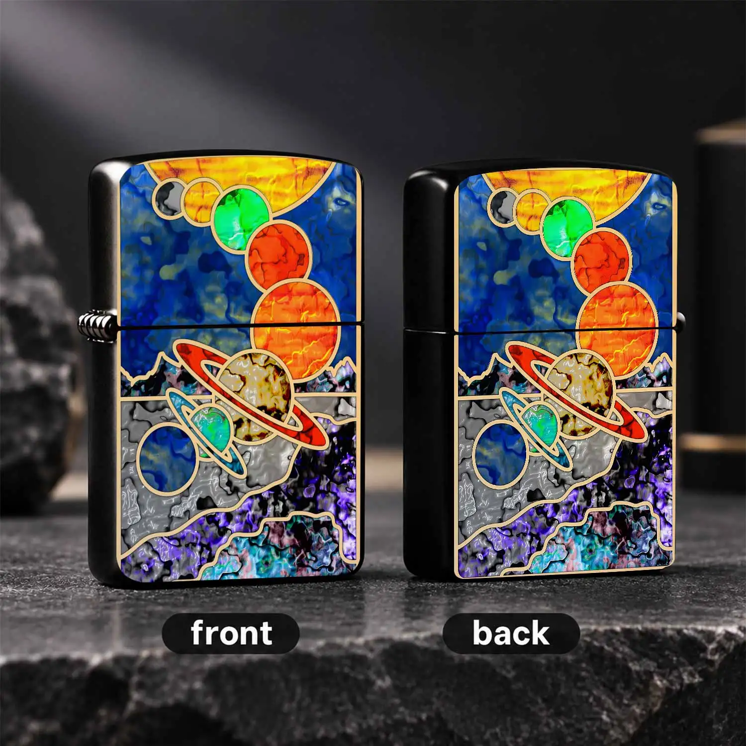 Creative Stained Glass Cosmic Planet Themed Lighter, Artistic Interstellar Saturn Pattern PORTABLE Ignition Accessory, Trendy Exquisite Daily Carry Item, Unique Vibe Gift for All Scenarios, Retro Iridescent Stylish Pra A Humorous And Intere