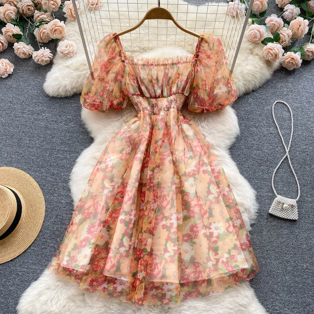 2025 New French Chic Floral Printed Cake Dress Woman Square Collar Short Puff Sleeve Sweet Women's Elastic High Waisted Dresses